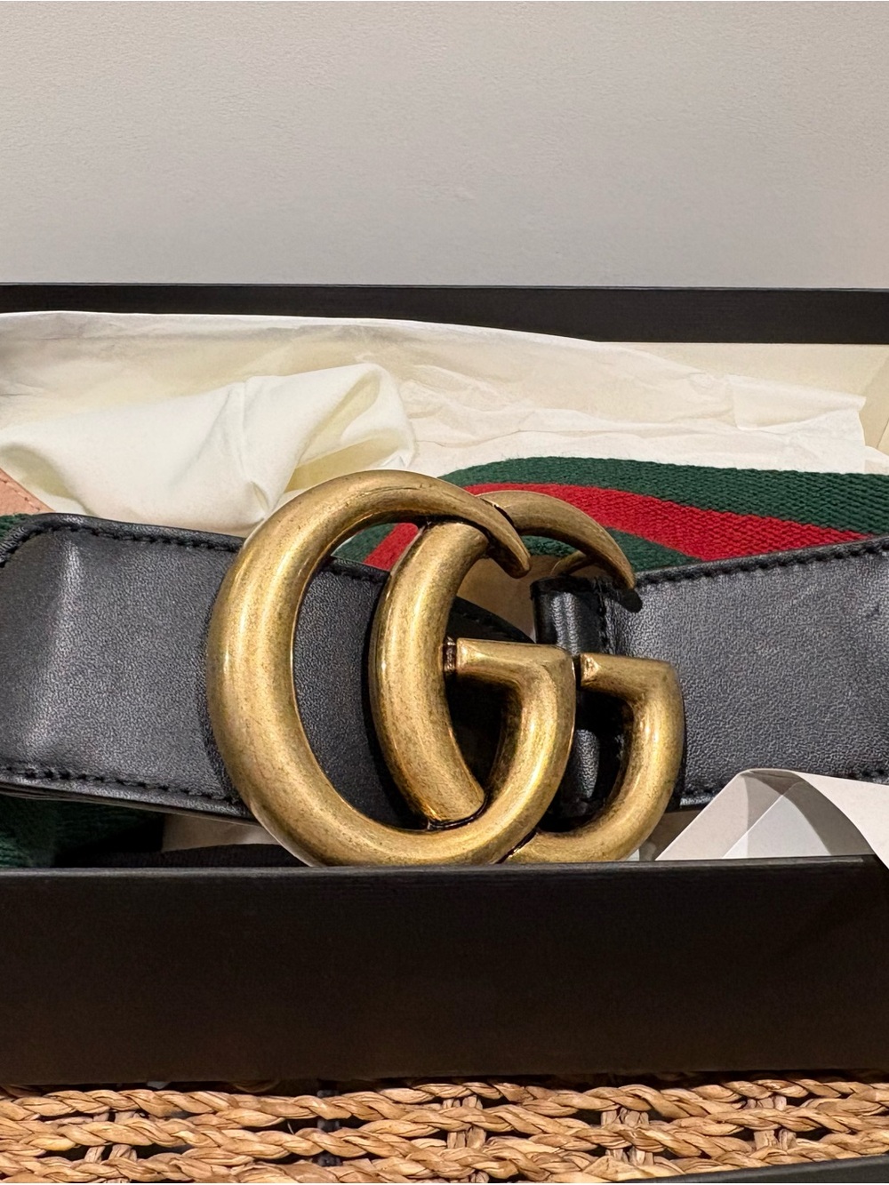Gucci Nylon Calf Skin Double G Belt 409416 65/26 Black with Red/Green